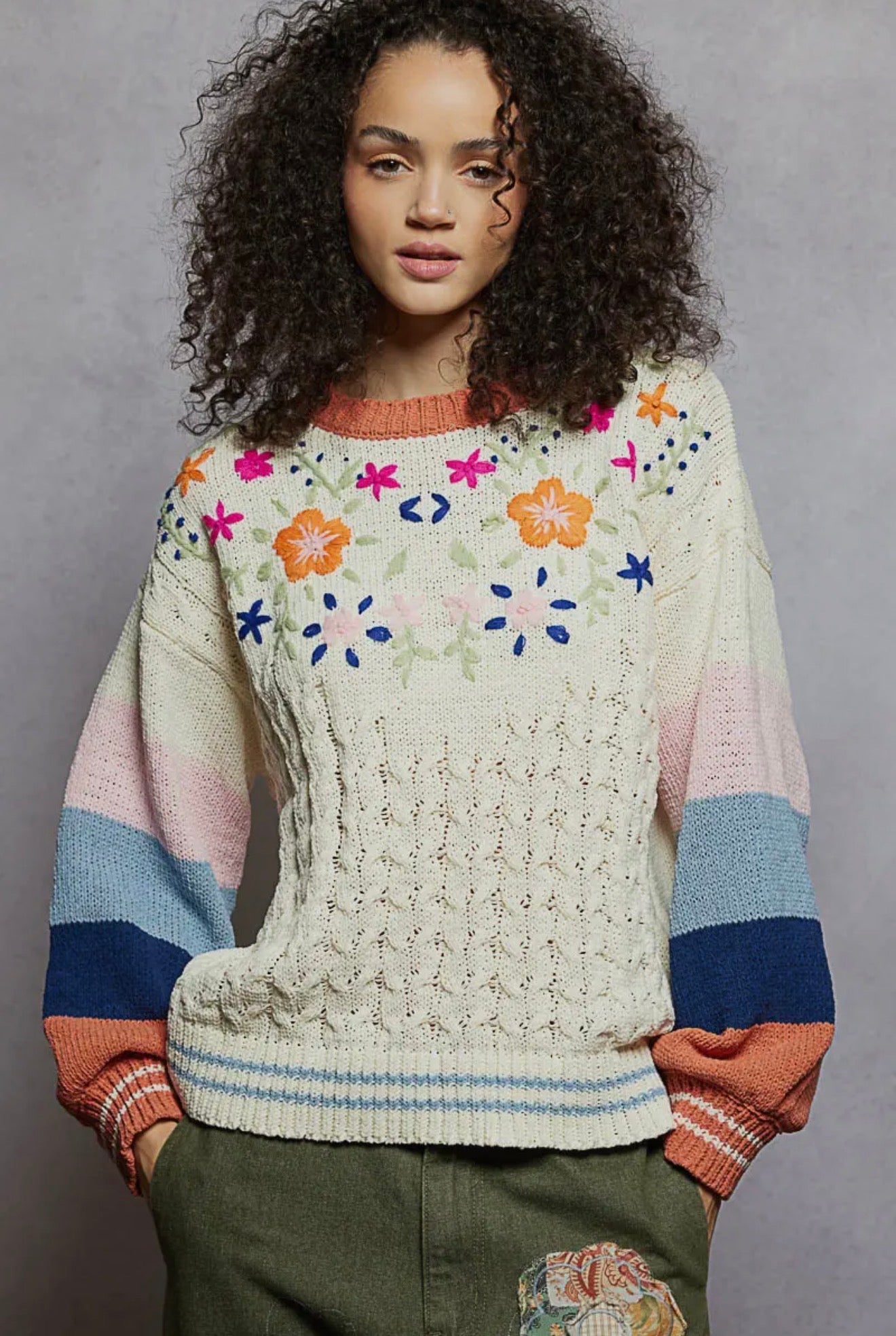 Color Block Pattern Floral Embroidered Sweater Top