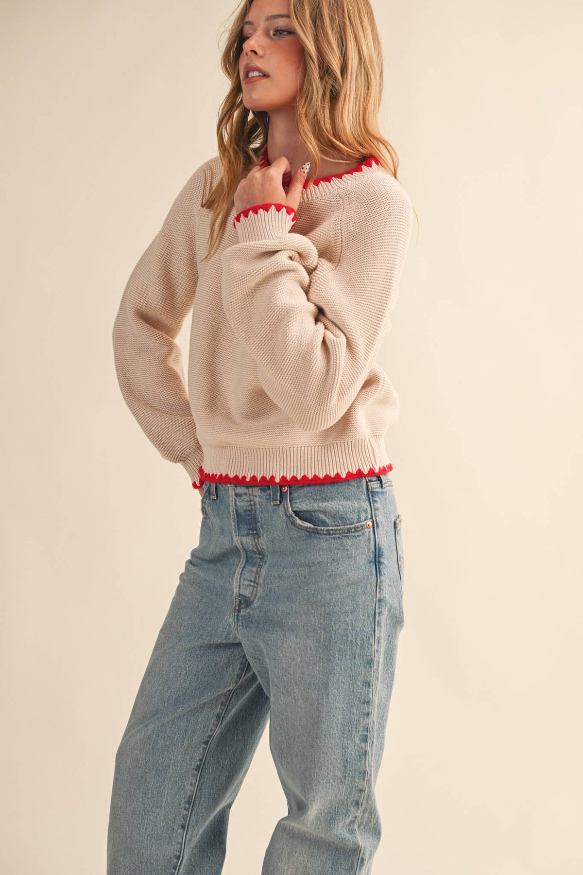 Sweetheart Contrast Stitch Puff Sleeve Almond Sweater