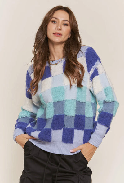 Multicolor Checkered Knit Sweater- Blue