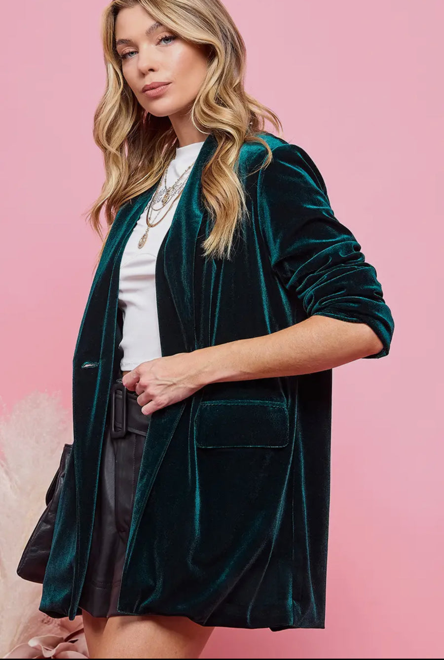 Pocketed Velvet Blazer - Green