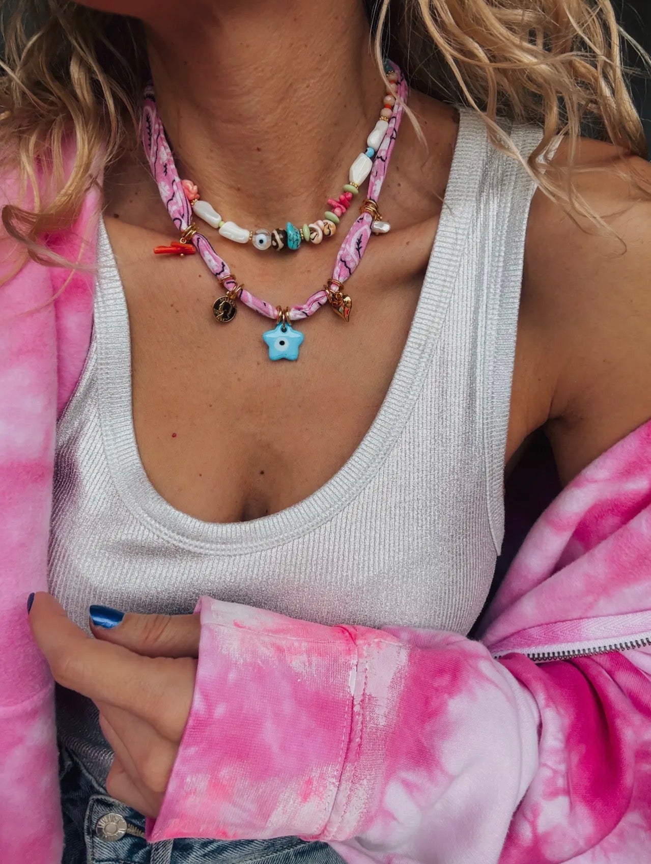 Bohemian Pink Bandana with Star Eye Charm Necklace