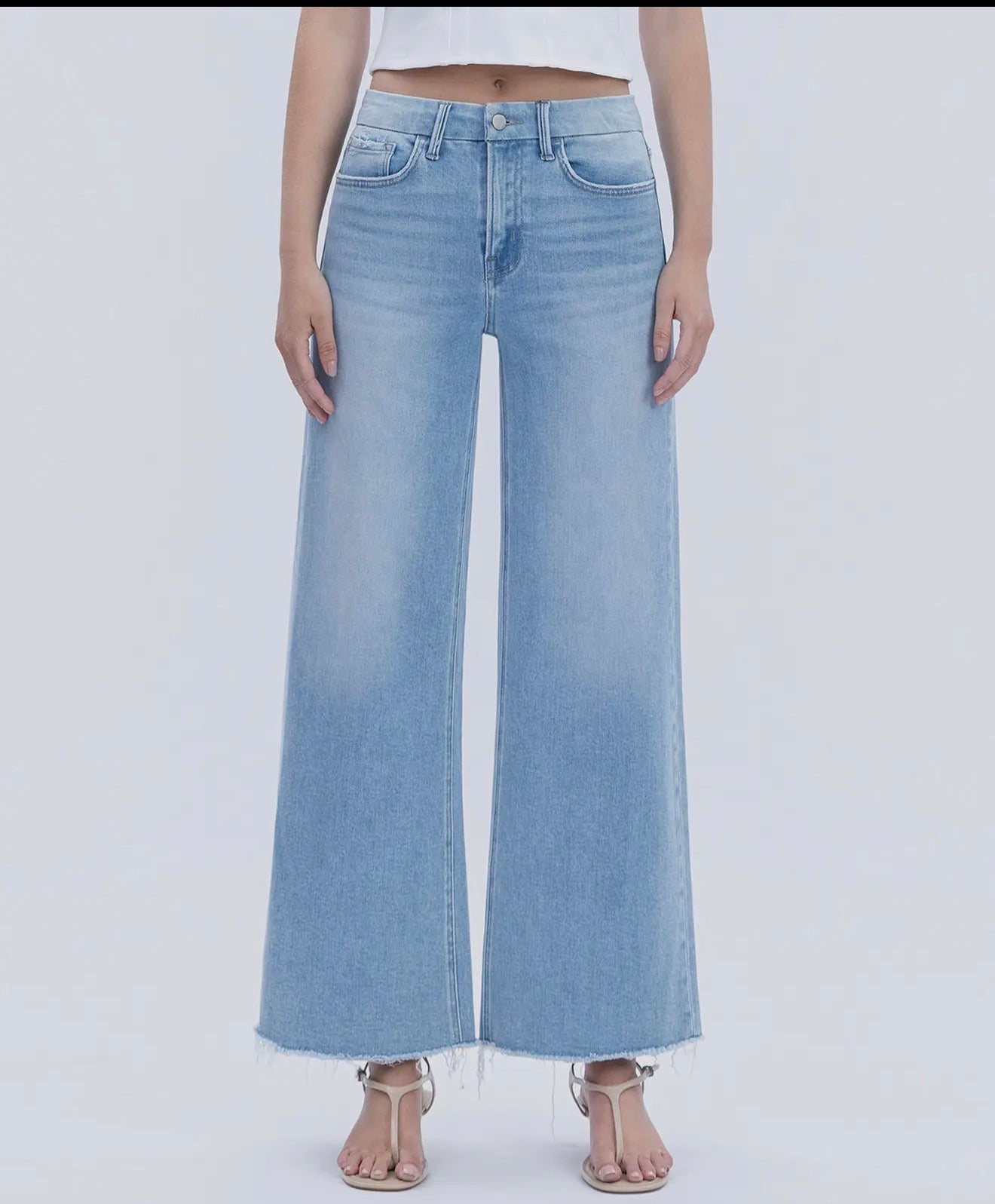 Flying Monkey-LIGHT WASH SEAMLESS WAISTBAND RAW HEM WIDE LEG JEANS