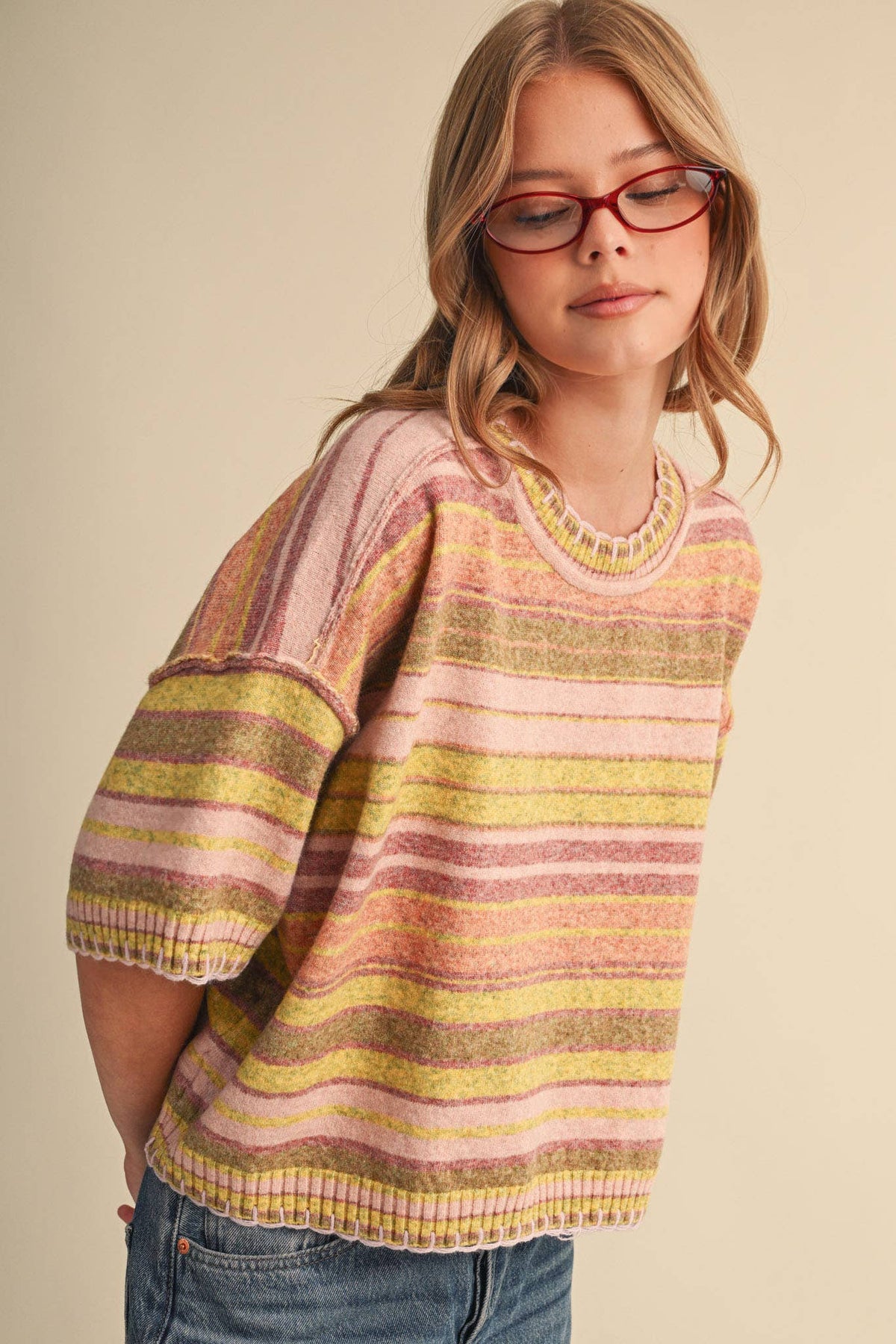 Multi-Color Striped Short Sleeve Sweater