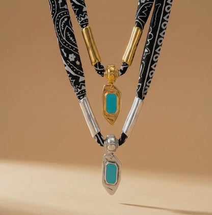 Black Bohemian Scarf With Turquoise Silver Pendent Necklace
