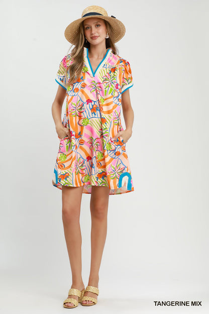 Tropical Print Collared Shift Dress