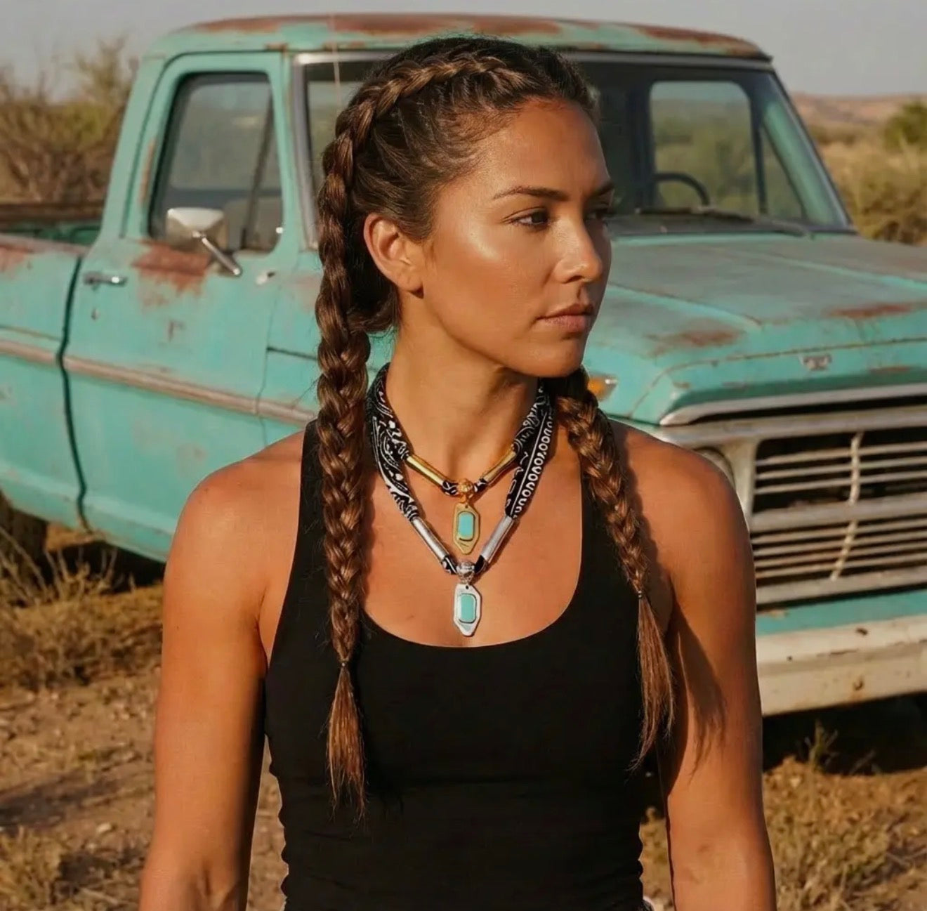 Black Bohemian Scarf With Turquoise Silver Pendent Necklace