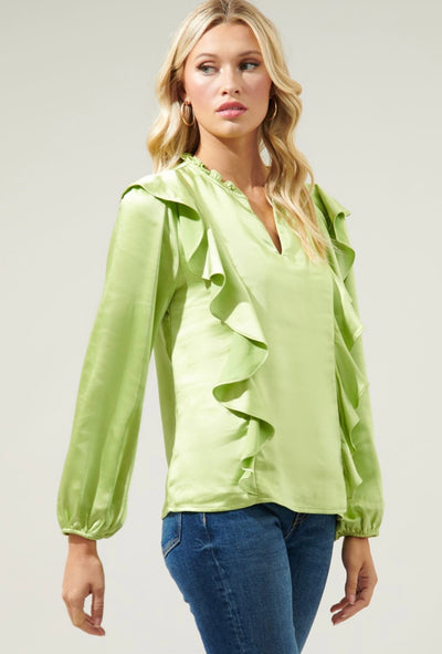 SUGARLIPS: Love Story Ruffle Satin Blouse (Lime and Black)