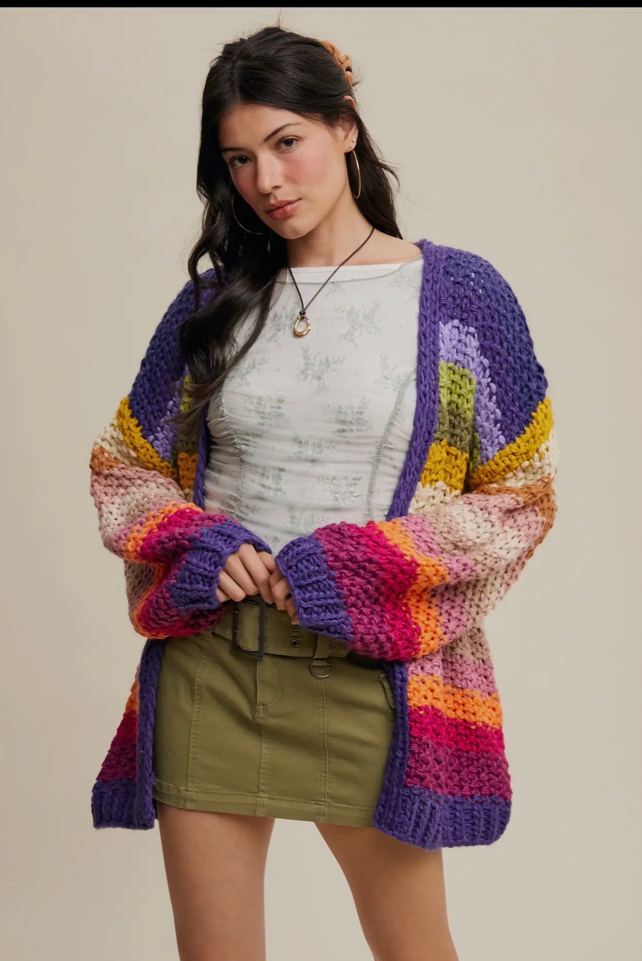 Rainbow Hand Crochet Open Cardigan
