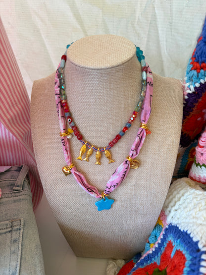 Bohemian Pink Bandana with Star Eye Charm Necklace