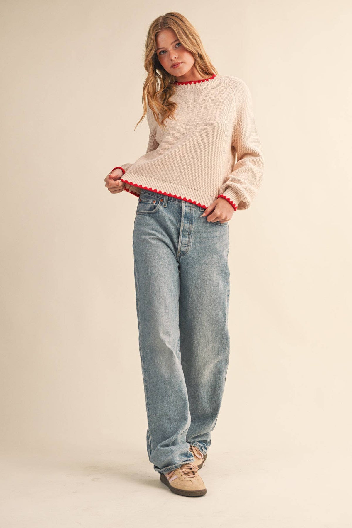 Sweetheart Contrast Stitch Puff Sleeve Almond Sweater