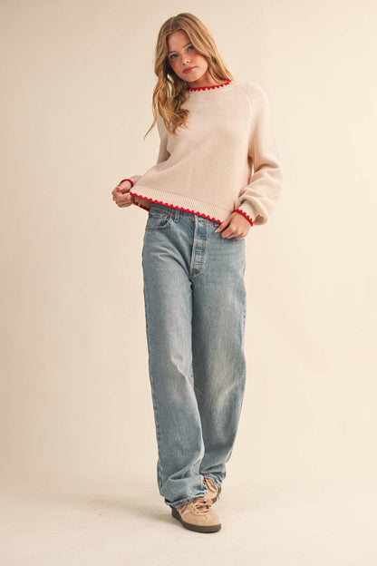 Sweetheart Contrast Stitch Puff Sleeve Almond Sweater