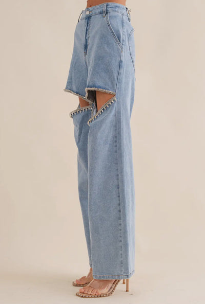 Cut Out Front Rhinestone Washed Denim Jeans