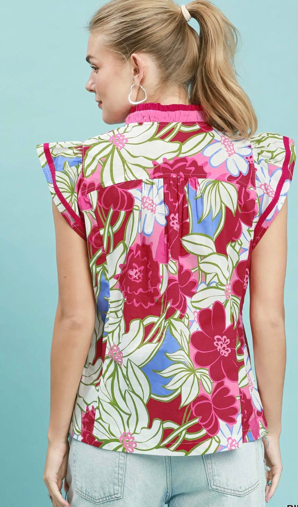 Bold Floral Flutter Sleeve Top