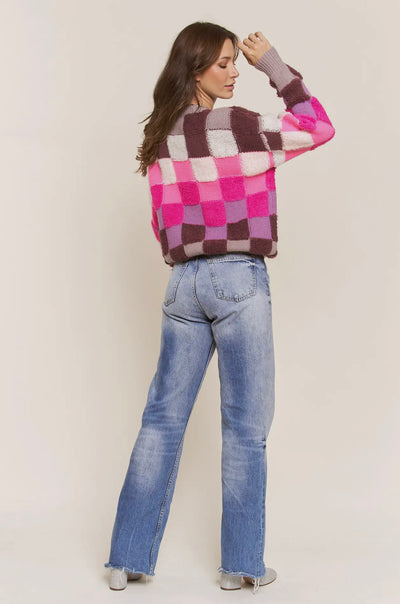 Multicolor Checkered Knit Sweater- Pink