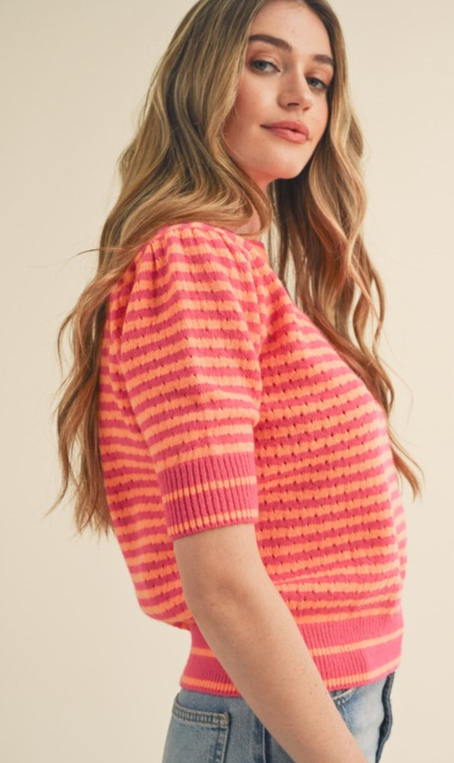 STRIPED POINTELLE PUFF SLEEVE SWEATER - Pink Orange