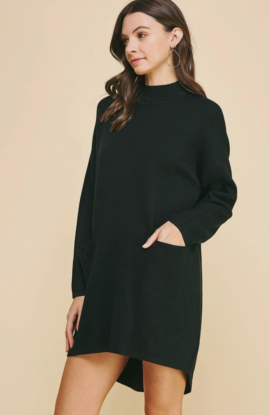 Black Mock Neck Front Pocket Sweater Dress