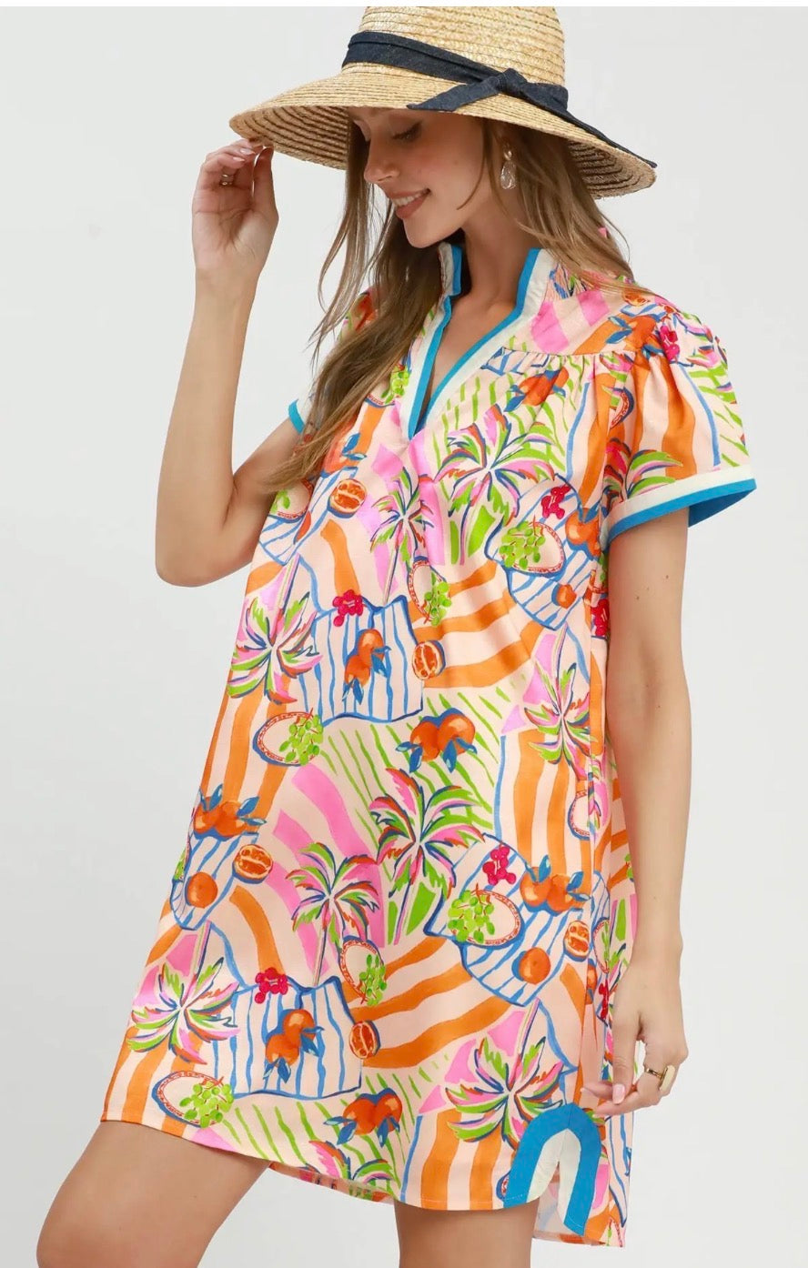 Tropical Print Collared Shift Dress