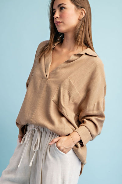 SOLID LONG SLEEVE TOP WITH POCKETS