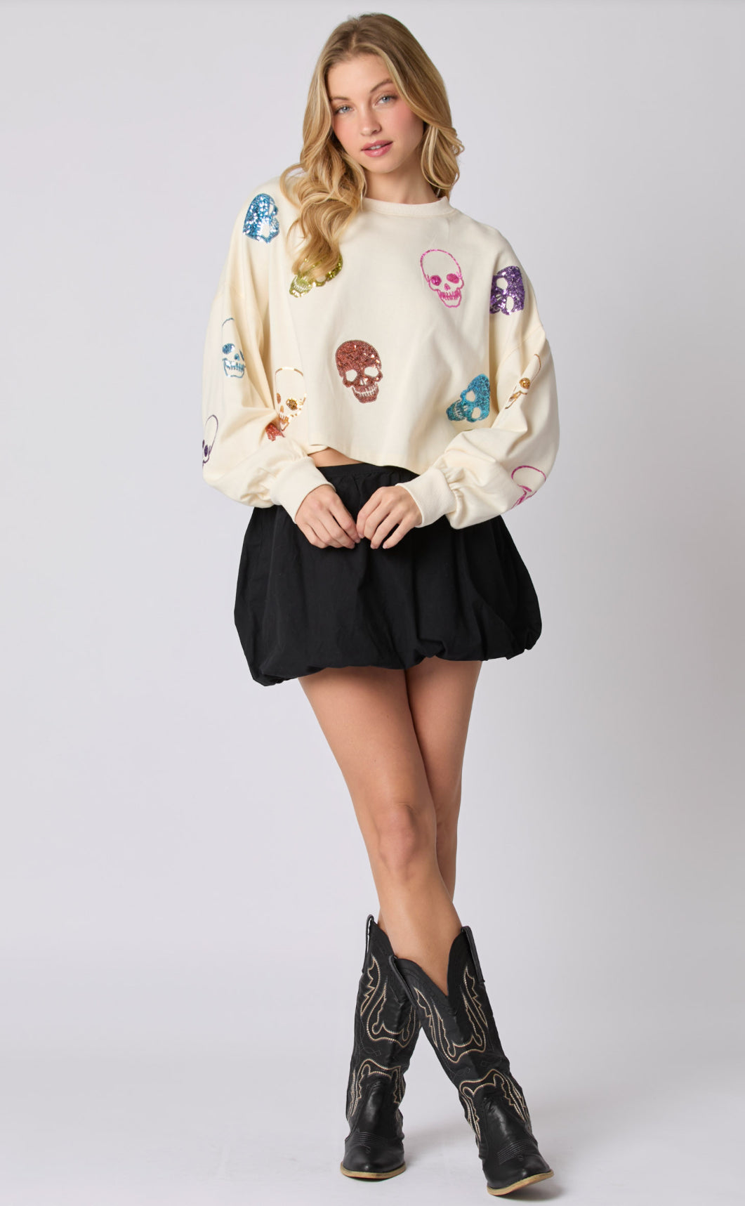 Cream Multi Color Skeleton Face Sequins Embroidery Cropped Sweatshirt