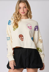 Cream Multi Color Skeleton Face Sequins Embroidery Cropped Sweatshirt
