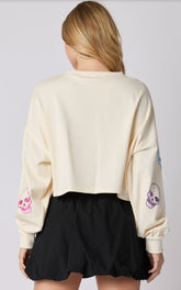 Cream Multi Color Skeleton Face Sequins Embroidery Cropped Sweatshirt