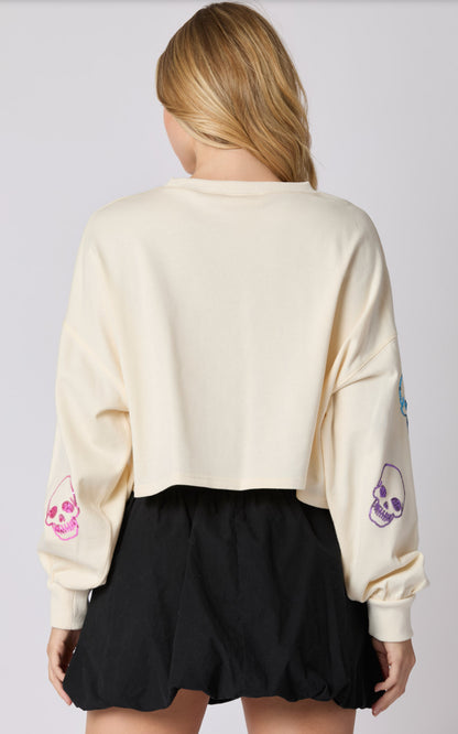 Cream Multi Color Skeleton Face Sequins Embroidery Cropped Sweatshirt