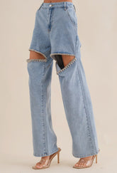 Cut Out Front Rhinestone Washed Denim Jeans