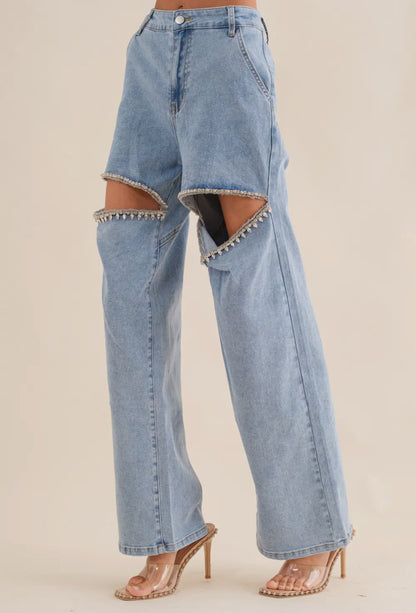 Cut Out Front Rhinestone Washed Denim Jeans