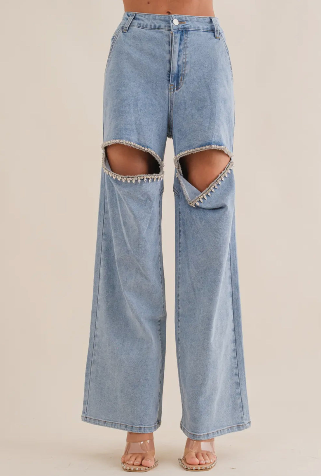 Cut Out Front Rhinestone Washed Denim Jeans