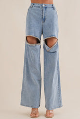 Cut Out Front Rhinestone Washed Denim Jeans