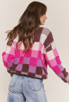Multicolor Checkered Knit Sweater- Pink