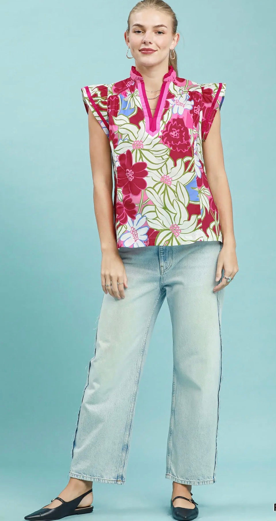 Bold Floral Flutter Sleeve Top