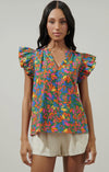 Zhade Tropics Risette Ruffle Cap Sleeve Split Neck Top