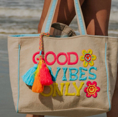 GOOD VIBES ONLY HAPPY FLORAL CANVAS TOTE BAG