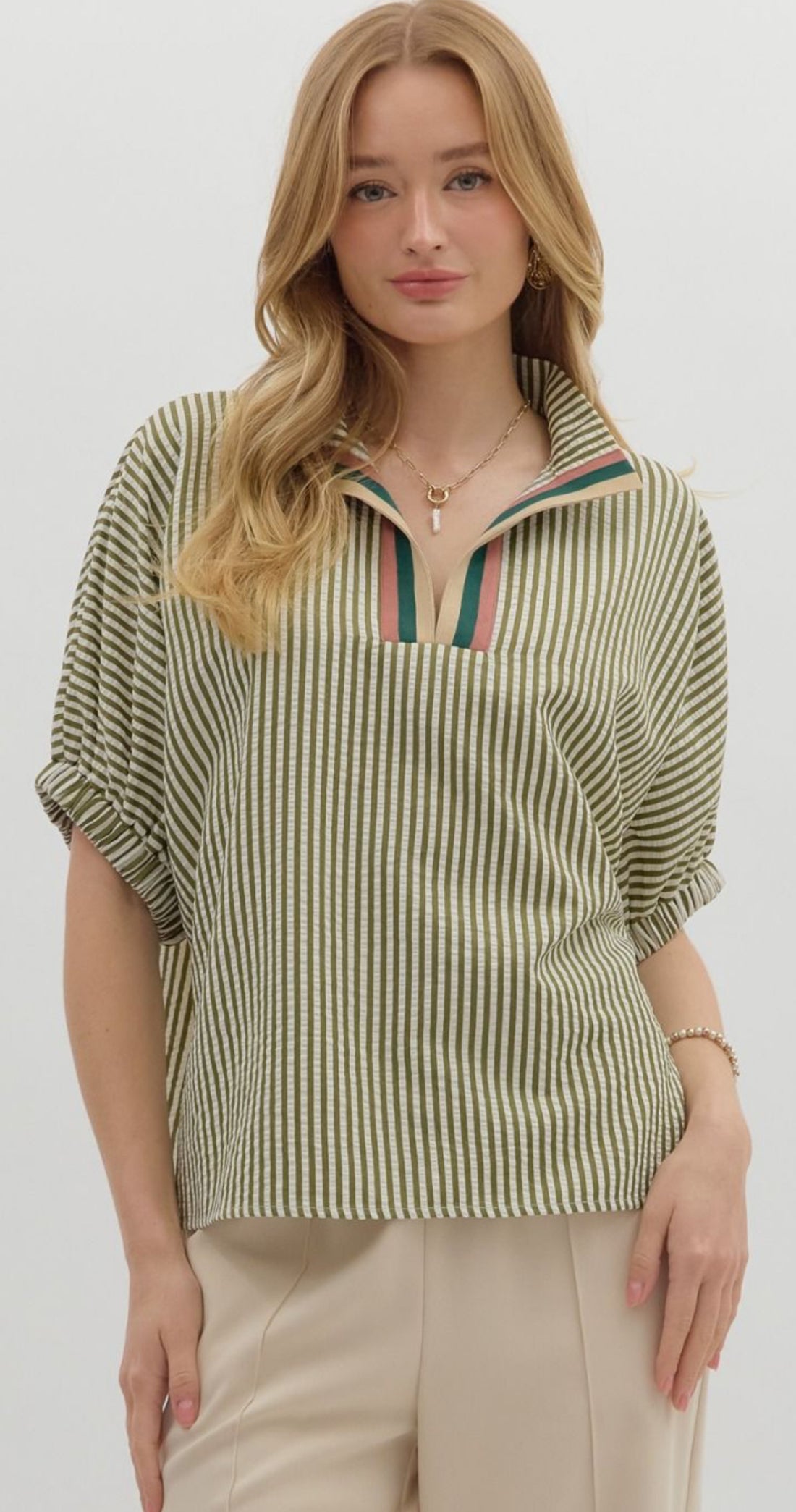 Faye Olive Stripped Embroidered Top