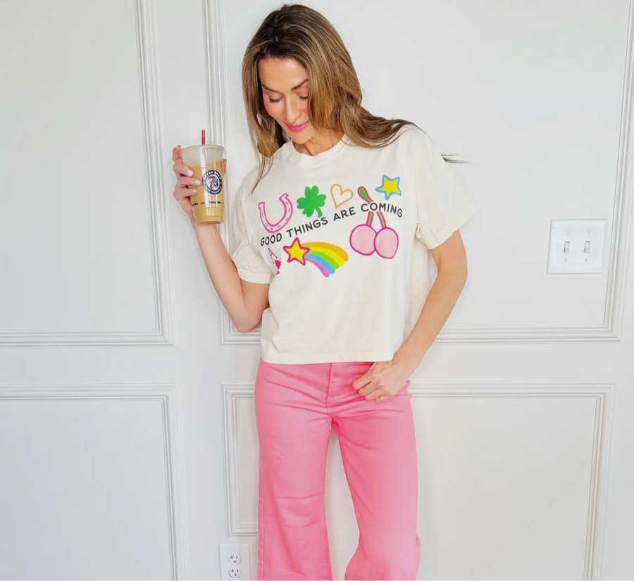 GOOD THINGS ARE COMING CROPPED TEE TOP