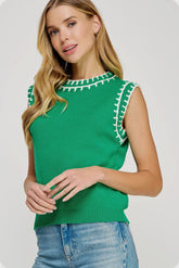 Kelly Green Embroidered Sleeveless Sweater Top