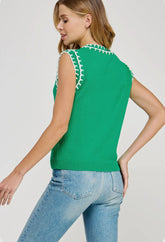 Kelly Green Embroidered Sleeveless Sweater Top