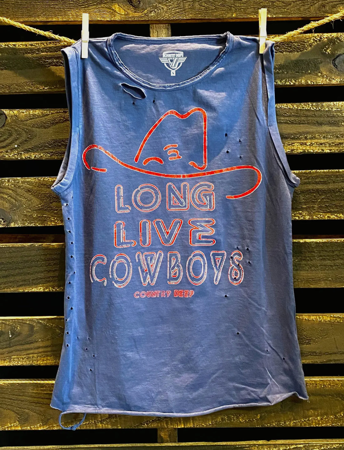 LONG LIVE COWBOY RELAXED FIT DISTRESSED ROLLED SLEEVE MUSCLE TOP