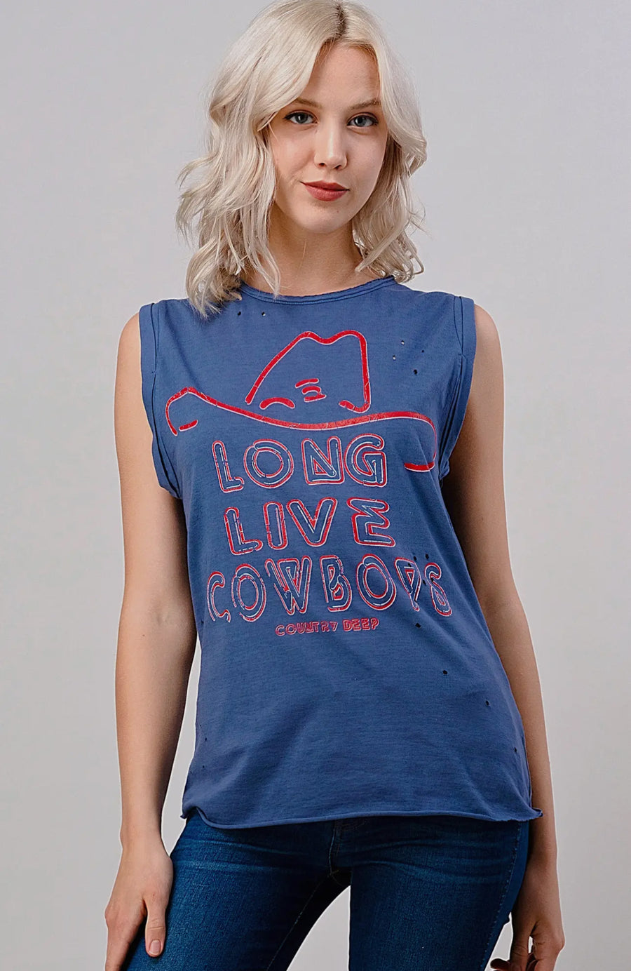 LONG LIVE COWBOY RELAXED FIT DISTRESSED ROLLED SLEEVE MUSCLE TOP