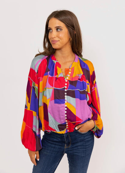 Multi Mosaic Button Up Top