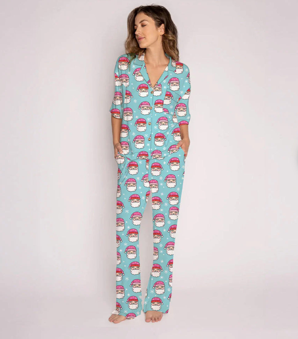 PINK SANTA HATS BLUE MATCHING LOUNGEWEAR SET