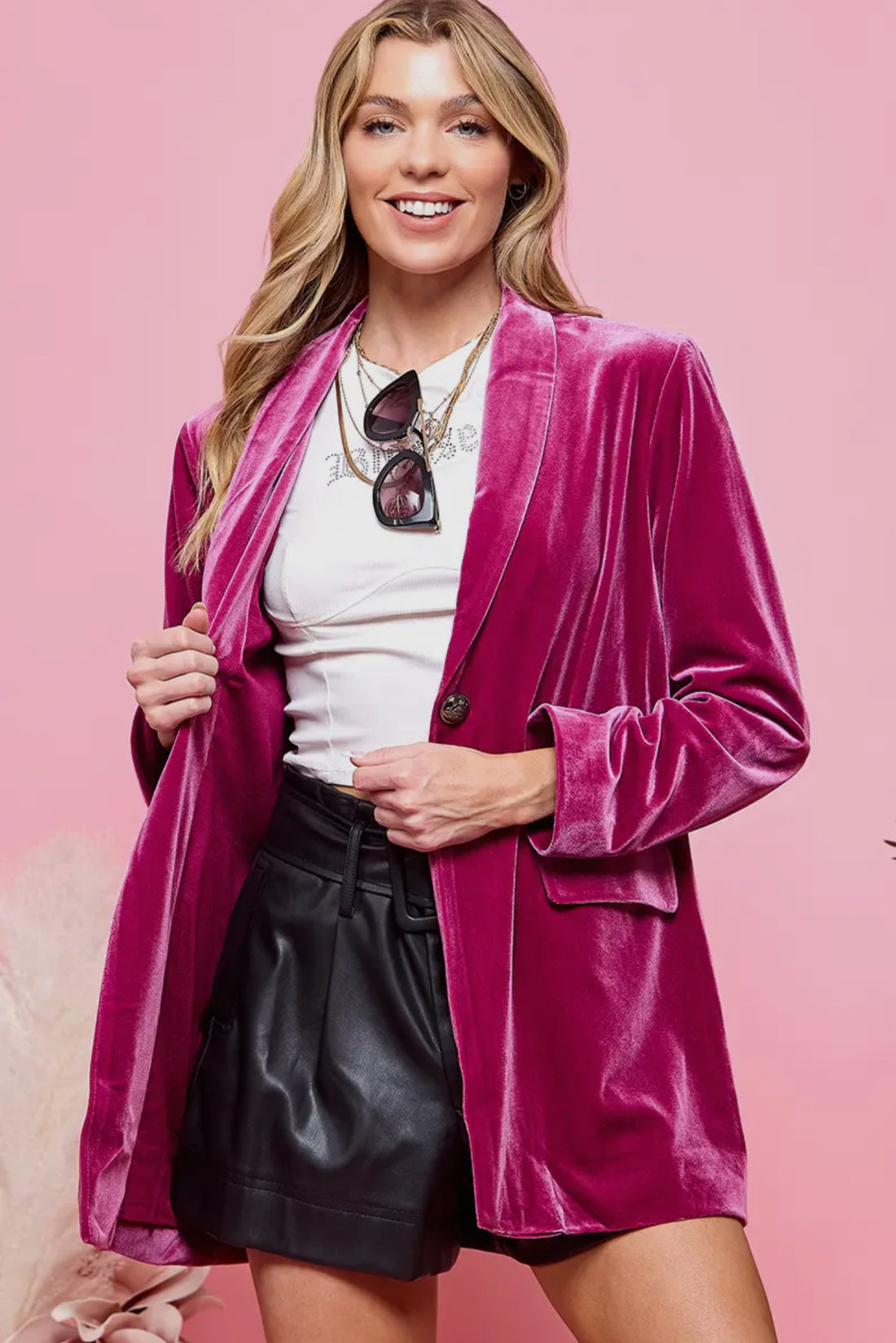  Pink Pocketed Velvet Blazer Jacket