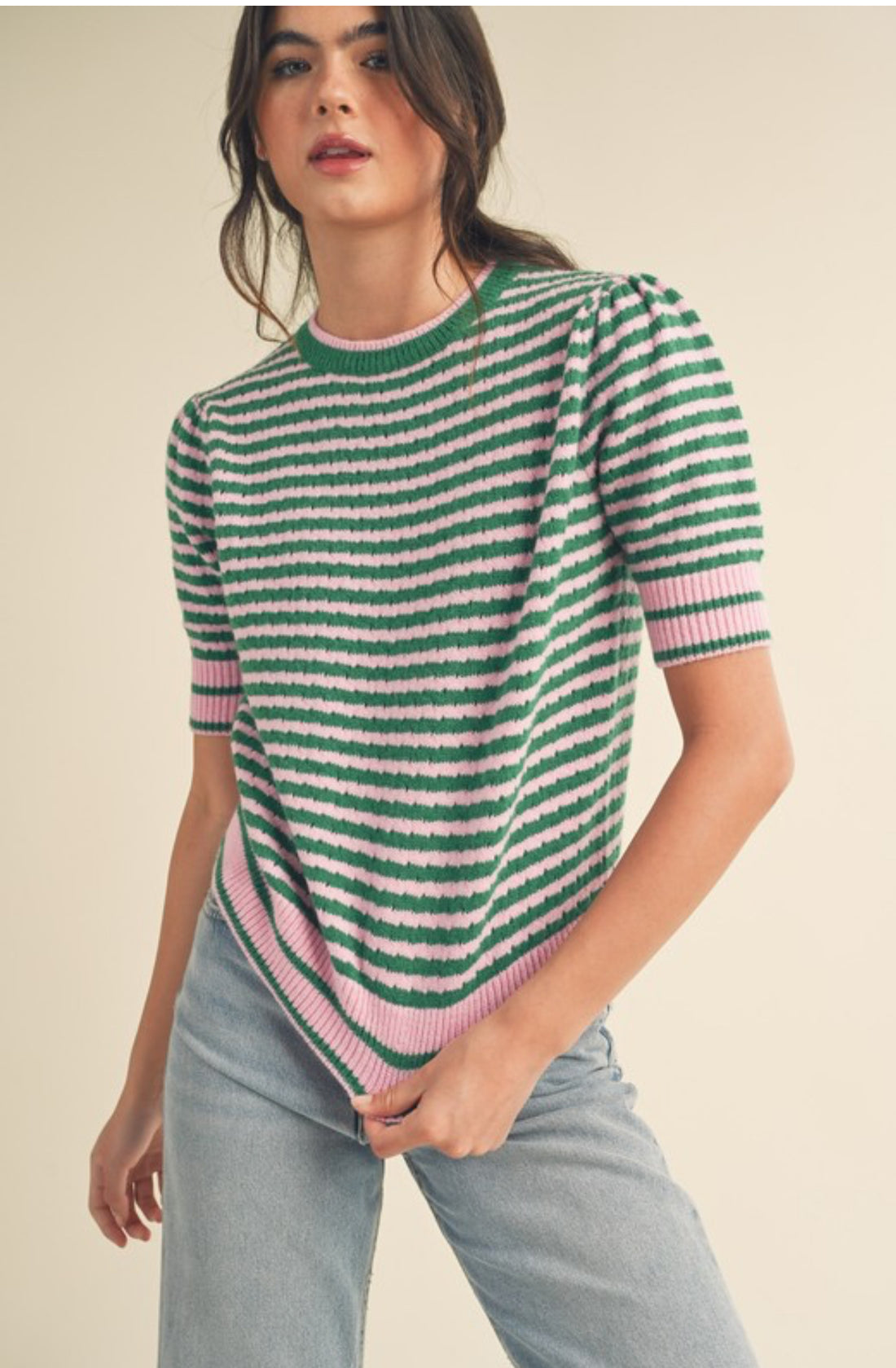 STRIPED POINTELLE PUFF SLEEVE SWEATER