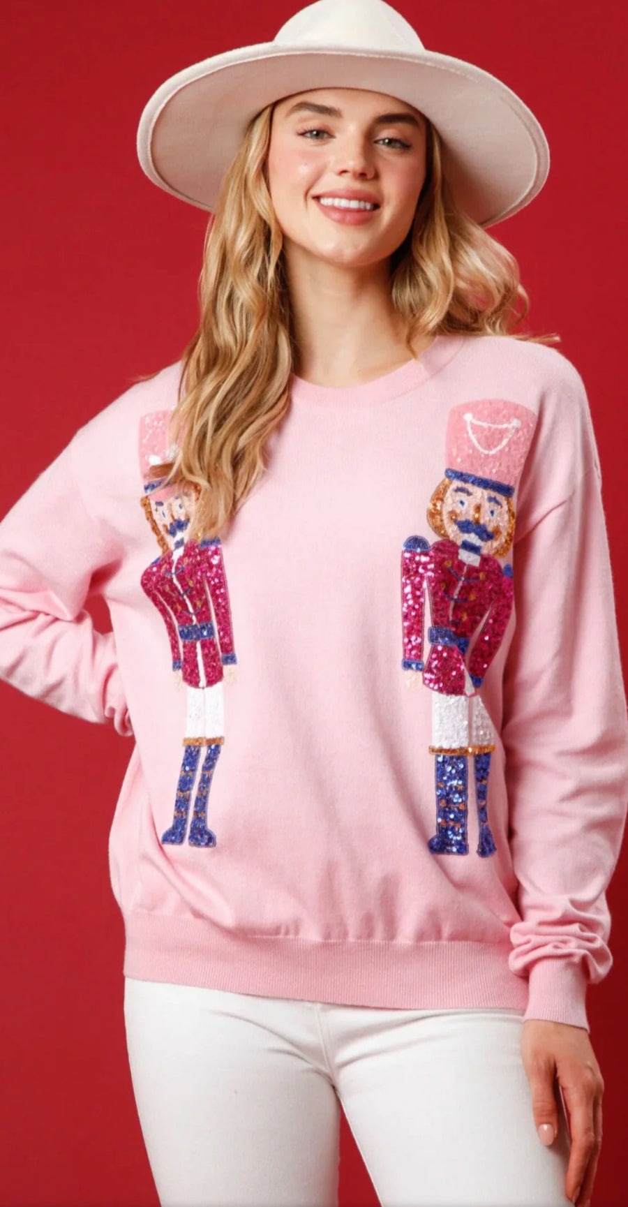 Pink Sequin Embroidered Nutcracker Sweater