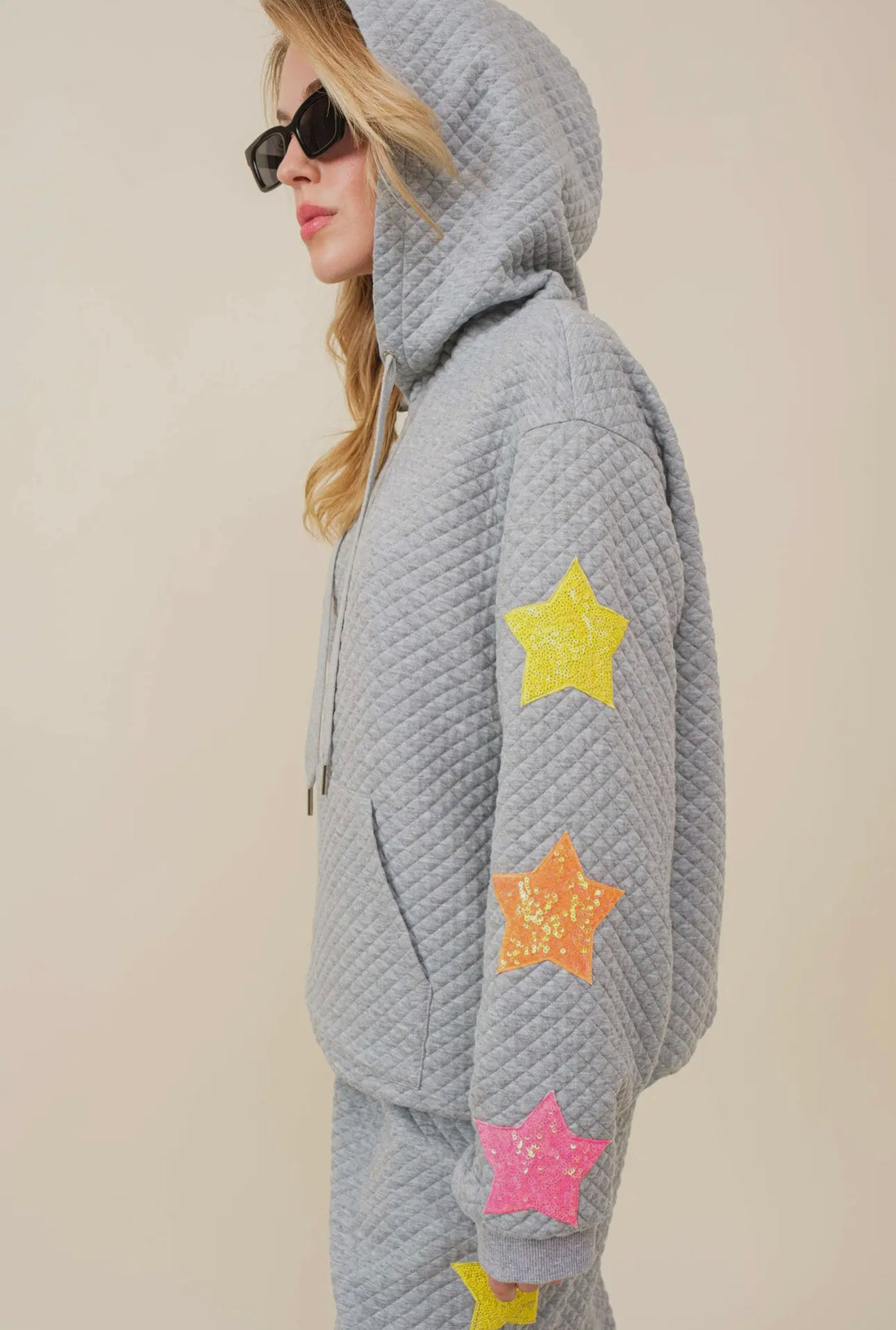 Star Patch Quilted Hoodie Sweatshirt