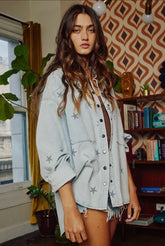 Star Print Washed Denim Shirt Jacket
