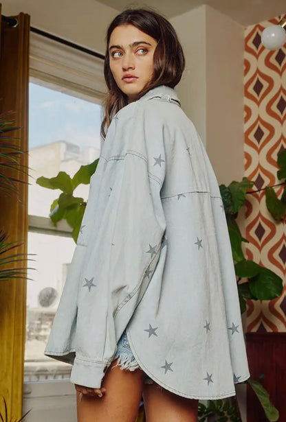 Star Print Washed Denim Shirt Jacket