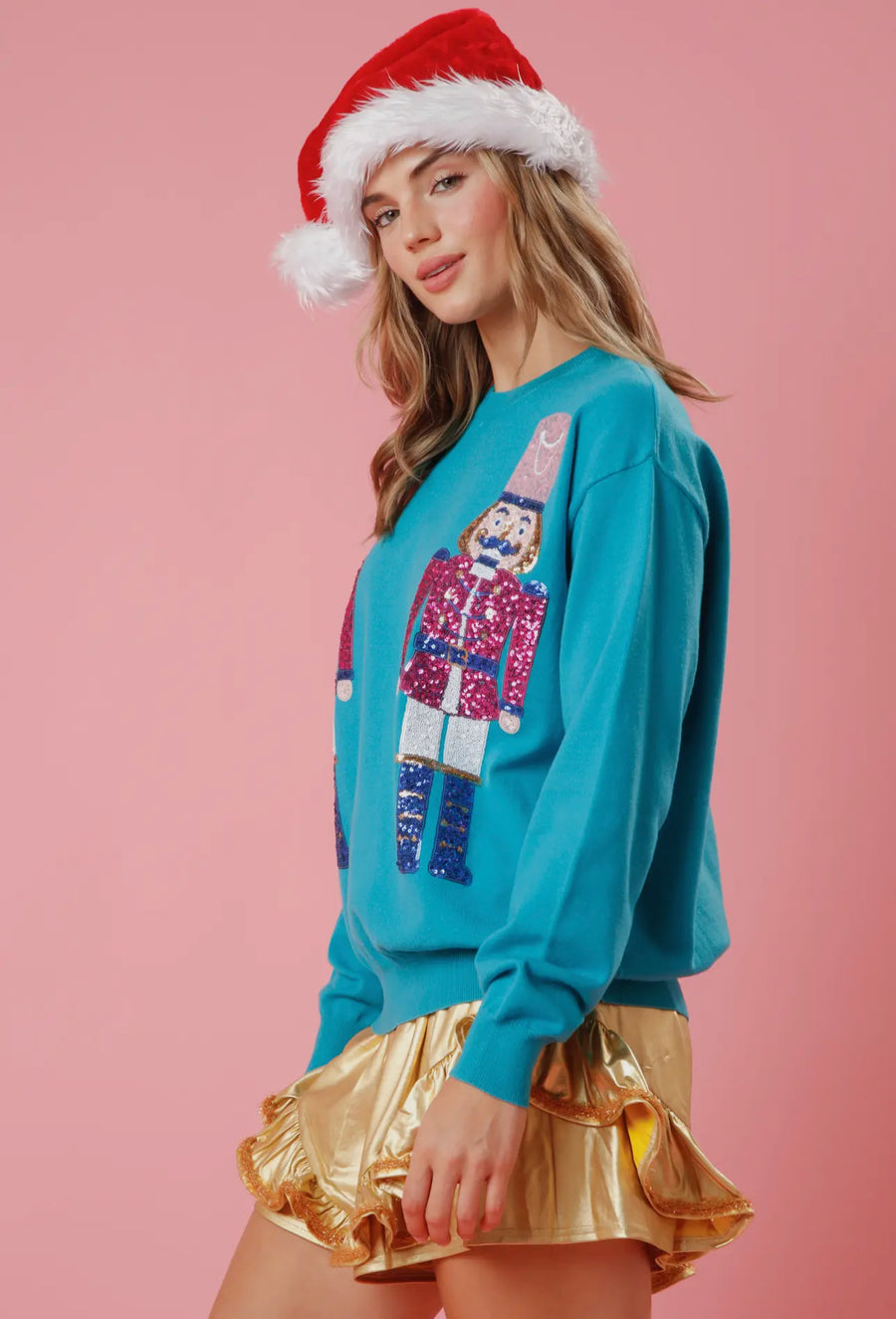 Teal Sequin Nutcracker Embroidered Sweater