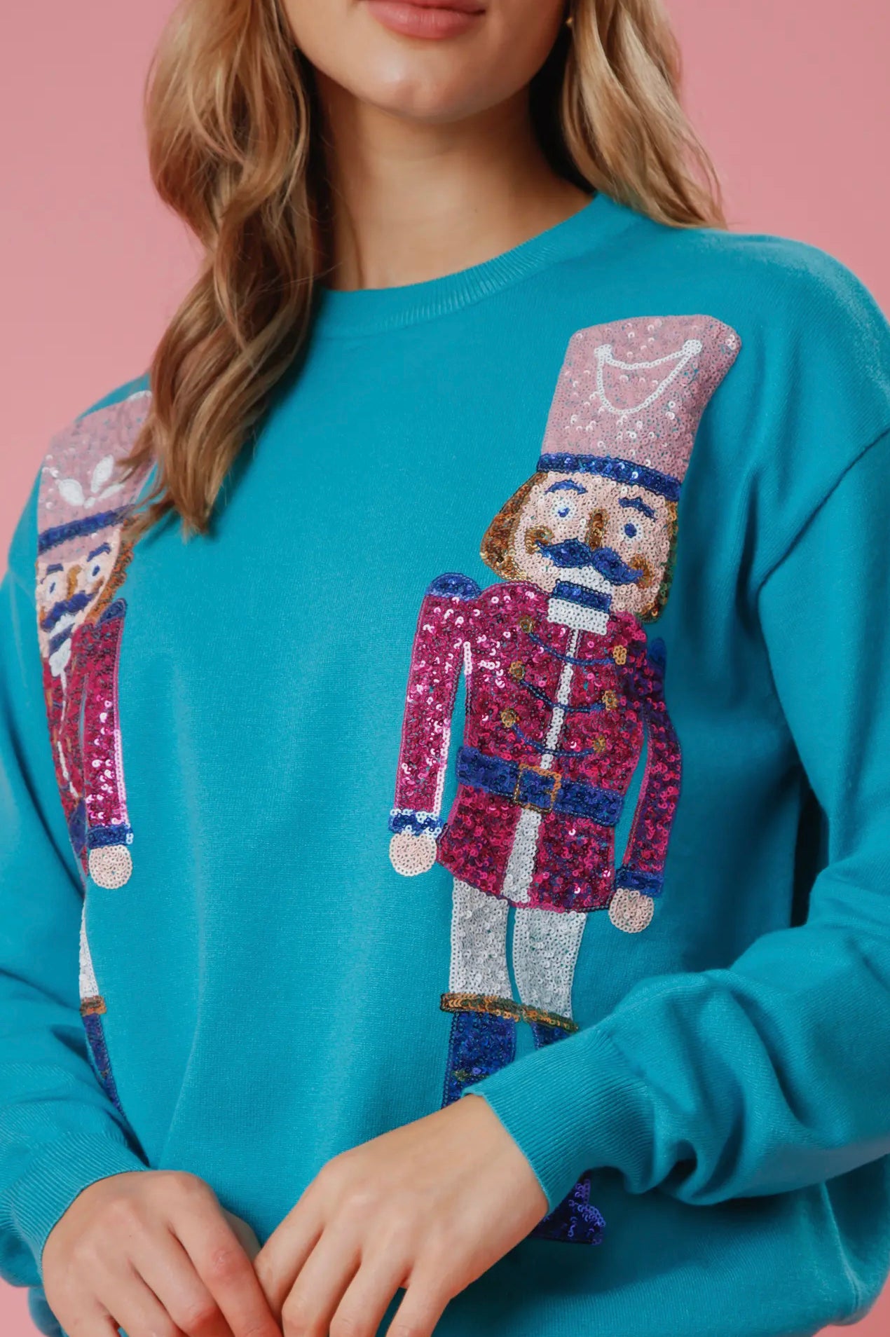 Teal Sequin Nutcracker Embroidered Sweater